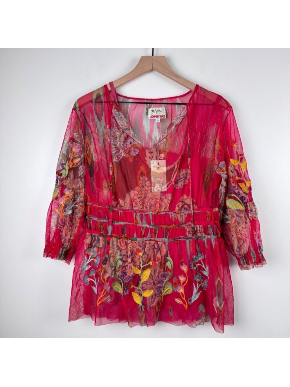Johnny Was Biya Feather Lark Mesh Blouse XS Pink Floral Embroidered Short Sleeve